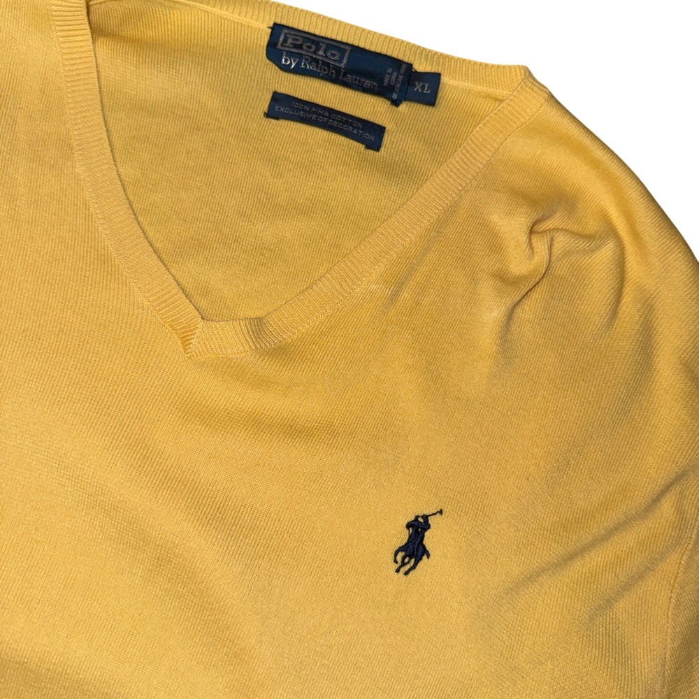 Polo Ralph Lauren Sweater XL Yellow V-Neck Pima Cotton Pony Logo Knit Pullover